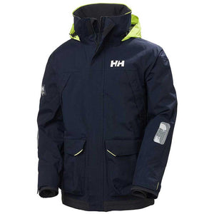 Helly Hansen navy blue sailing jacket with high visibility yellow hood and HH logo
