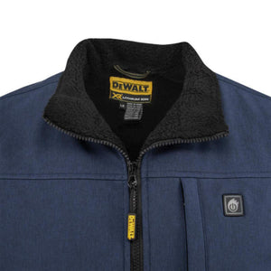 DeWalt blue heated jacket with black fleece collar and power button