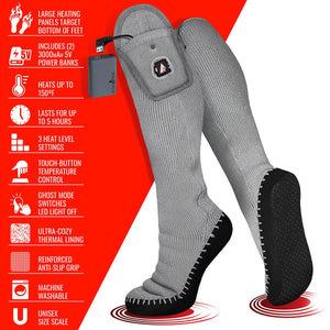 ActionHeat grey heated socks with power banks and feature list