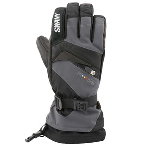 Swany grey and black winter glove with zippered pocket and adjustable wrist strap