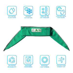 AlphaCool green cooling headband with eight feature icons showing activation and usage benefits