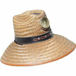 Kool Breeze straw hat with integrated solar fan and decorative leather band