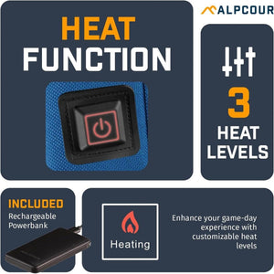Alpcour heat function graphic showing power button three heat levels and included rechargeable powerbank