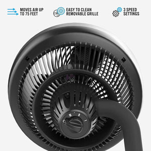 Vornado air circulator showing 75 feet air reach removable grille and 3 speed settings