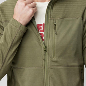 Close up of FjallRaven olive green fleece jacket with zippered chest pocket