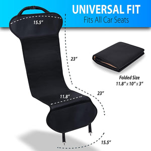 Black car seat protector with dimensions shown for unfolded and folded states
