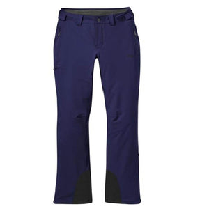 Outdoor Research dark blue ski pants with reinforced black scuff guards at the cuffs