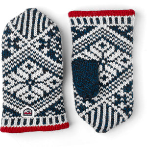 Hestra wool mittens with blue white and red Nordic snowflake pattern