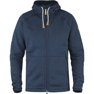 FjallRaven navy blue zip up fleece hoodie with white drawstrings