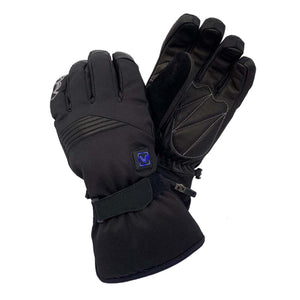 Pair of black heated winter gloves with adjustable wrist straps and illuminated power button