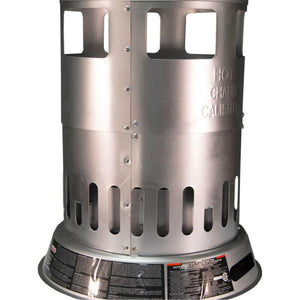 Silver metal portable construction heater with warning labels and ventilation slots