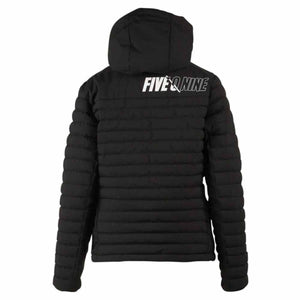 Back view of black 509 hooded puffer jacket with white logo