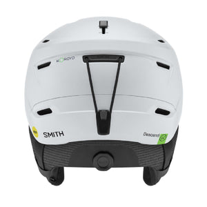 Back view of white Smith Optics Descend snow helmet with goggle strap and adjustable dial
