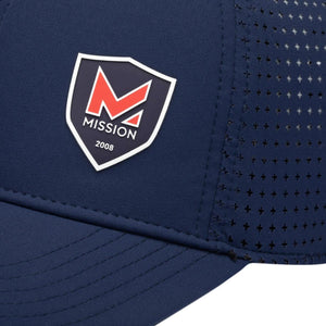 Navy blue Mission cap with perforated side panel and shield logo patch