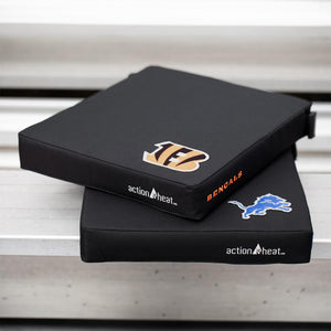 ActionHeat black heated stadium seat cushions with Bengals and Lions team logos