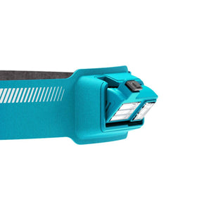 Teal LED headlamp with adjustable light housing and elastic strap