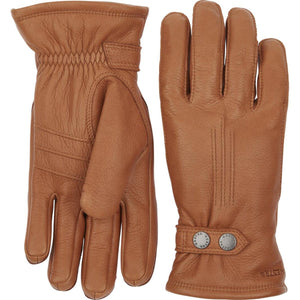 Hestra tan leather gloves with wrist strap and button detail