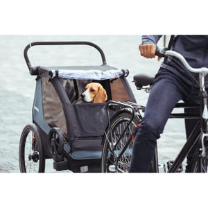 Beagle dog sitting inside a Thule bike trailer attached to a bicycle