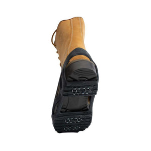 Tan work boot with black rubber ice traction cleats attached to the sole