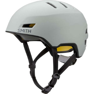 Smith Optics matte grey bicycle helmet with black straps and yellow interior accents