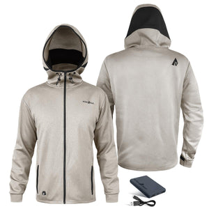 ActionHeat beige hooded heated jacket shown from front and back with battery pack and charging cable
