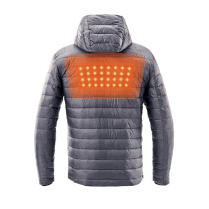 Back view of a grey Kelvin hooded puffer jacket with an orange heated panel across the upper back