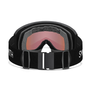 Smith snow goggles with black frame and strap and red tinted lens
