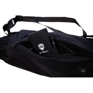 G-Tech power bank inside a black zippered bag pocket