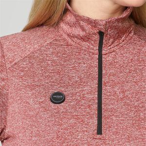 Close up of red heathered Venture Heat quarter zip top with black zipper and circular logo