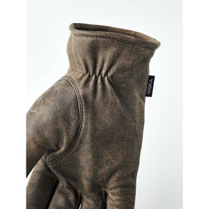 Hestra brown leather glove with elasticated wrist and Viska brand tag