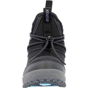 Xtratuf black ankle boot with toggle lacing system and grey sole