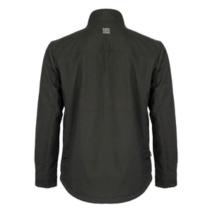 Back view of black Mobile Warming softshell jacket with brand logo on collar