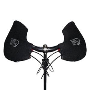 Black Bar Mitts bicycle handlebar covers attached to a bike
