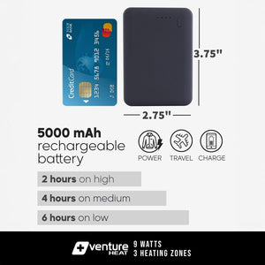 Venture Heat 5000 mAh rechargeable battery with dimensions and heating duration specifications