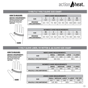 Action Heat glove size charts for men women and unisex showing knuckle circumference measurements in inches