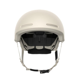 Interior view of a beige POC helmet showing the adjustable fit system and chin strap