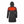 Back view of black hooded heated parka showing glowing red heating element on upper back