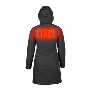 Back view of black hooded heated parka showing glowing red heating element on upper back