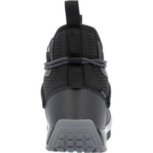 Rear view of black Xtratuf ankle boot with grey treaded sole
