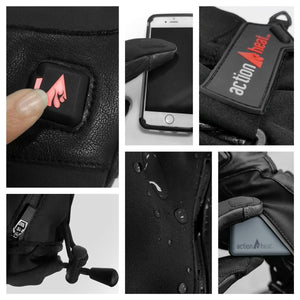 ActionHeat glove features showing power button touchscreen compatibility water resistant fabric and battery pocket