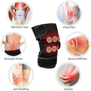 Heated knee brace surrounded by diagrams of meniscus tear knee pain muscular aches muscle stiffness and arthritis
