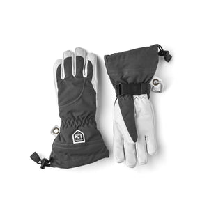 Hestra grey and white insulated ski gloves with adjustable wrist straps and drawcord cuffs