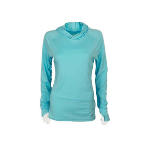 Mobile Cooling light blue long sleeve hooded shirt with thumb holes