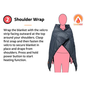 ExtremeMIST ExtremeHEAT blanket instruction diagram showing how to wear as a shoulder wrap