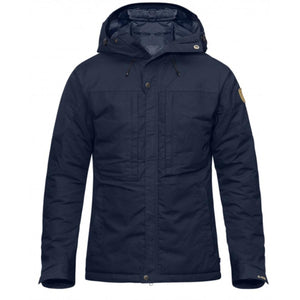 FjallRaven dark blue hooded winter jacket with front zipper and snap buttons