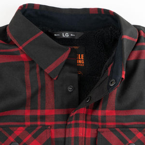 Mobile Warming red and black plaid flannel shirt with black sherpa lining and large size tag
