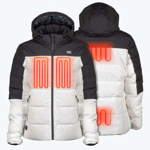 Mobile Warming hooded jacket showing front and back heating zones