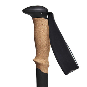Trekking pole handle with cork grip and black wrist strap