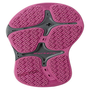 Korkers pink and grey rubber shoe outsole with textured tread pattern