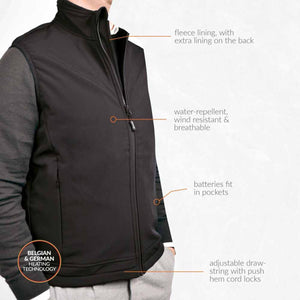 Black heated vest with fleece lining water repellent fabric battery pockets and adjustable hem drawstring